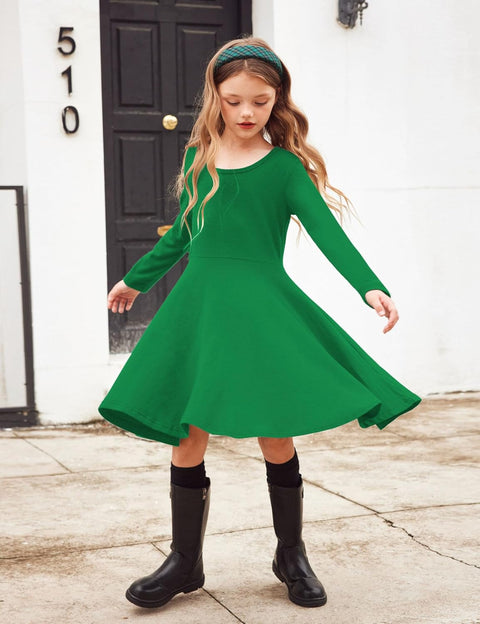 Arshiner Girls Long Sleeve Stretchy Dress A line Twirly Skater School Party Dress