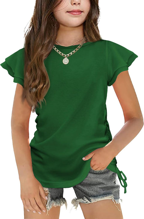 Arshiner Girls T Shirts Ruffle Short Sleeve Ruched Knot Side Tunic Blouse Summer Tee Tops