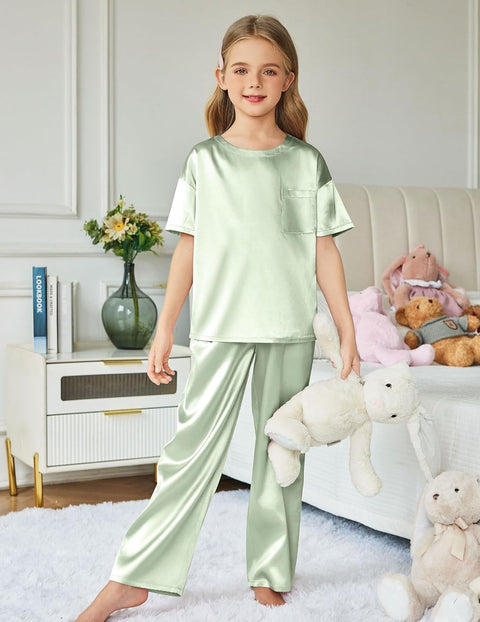 Arshiner Girls' Pajama Sets Satin Soft Silk Pjs Lounge Set Sleepwear
