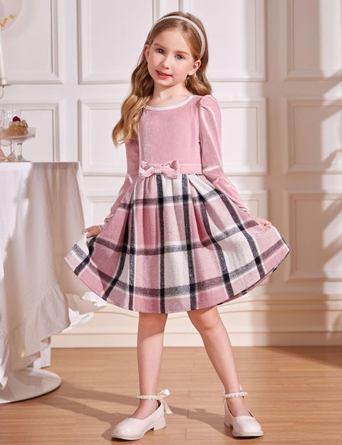 Arshiner Girls Dresses Velvet Plaid Patchwork Party Dress