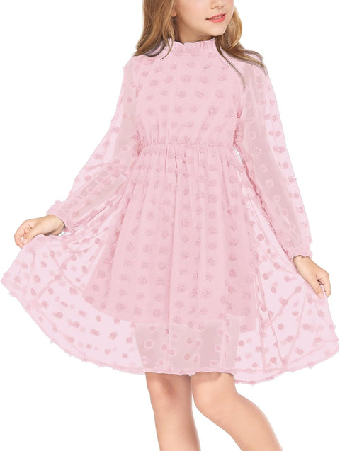 Arshiner Girls Dress Long Sleeve Swiss Dot Ruffle Collar Flowy A-Line Party Dress for Kids 5-13Y