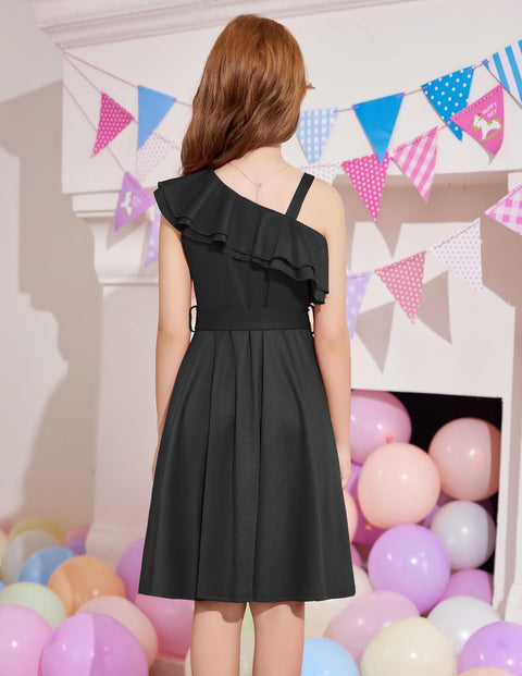 [5Y-12Y] Arshiner Girls Dress One Shoulder Formal Ruffle Trim Party Dresses