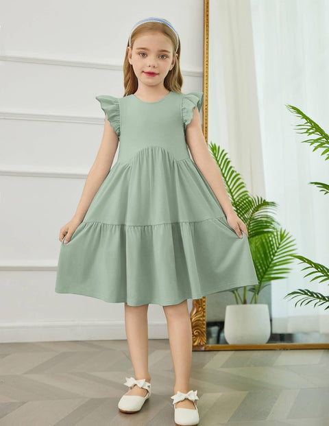 【2-8Y】Arshiner Toddler Dress Girls Backless Tiered Dresses with Pockets