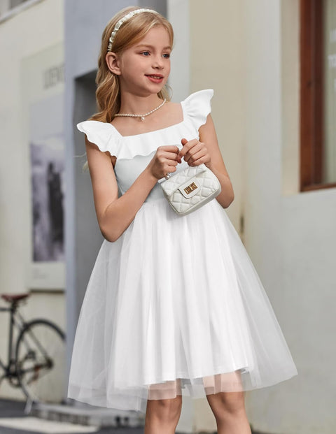 Arshiner Girls Dresses Square Neck Ruffle Sleeve Tulle Dress 6-14 Years