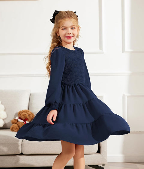 Arshiner Girls Dress Fall Boho Long Sleeve Shirred Smocked Tiered Party Dresses