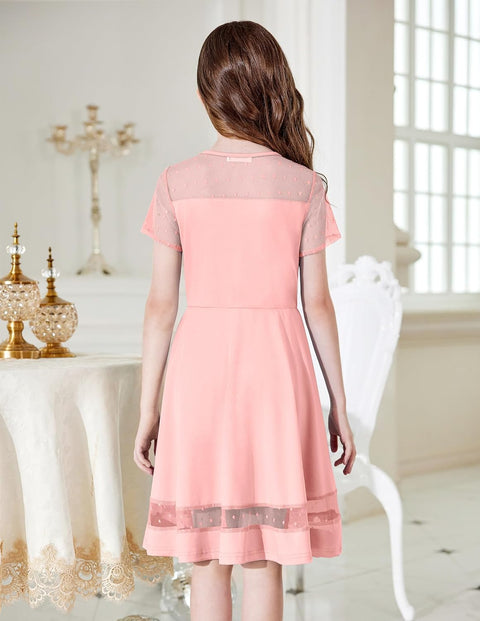 Arshiner Tween Girls Dress Formal Contrast Mesh Short Sleeve A Line Party Dresses
