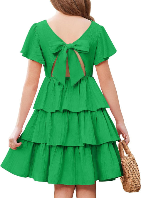 Arshiner Girls Dresses Elegant Ruffle Short Sleeve Back Tie Tiered Dresses
