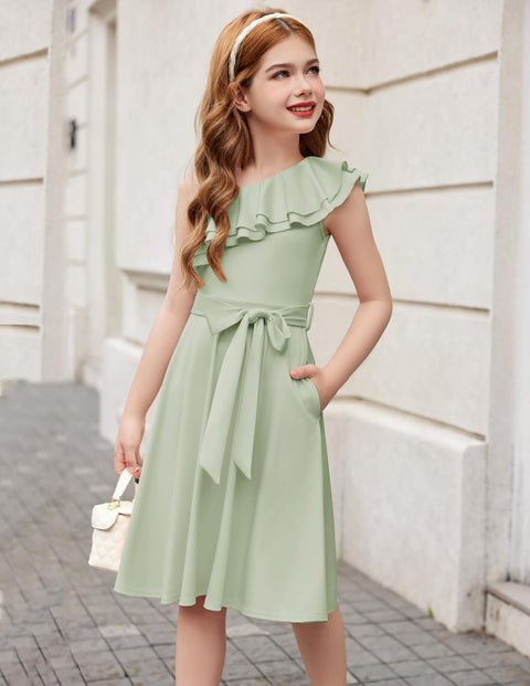[5Y-12Y] Arshiner Girls Dress One Shoulder Formal Ruffle Trim Party Dresses
