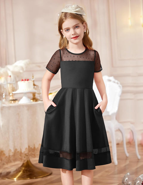 Arshiner Tween Girls Dress Formal Contrast Mesh Short Sleeve A Line Party Dresses