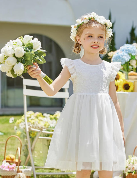 【2-8Y】Arshiner Toddler Lace Tutu Dresses Ruffle Sleeve 3 Layers Tulle Flower Dress