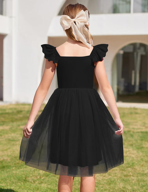 Arshiner Girls Dresses Square Neck Ruffle Sleeve Tulle Dress 6-14 Years