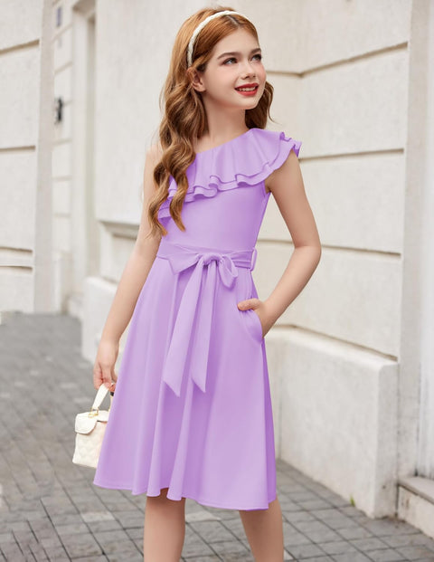 [5Y-12Y] Arshiner Girls Dress One Shoulder Formal Ruffle Trim Party Dresses