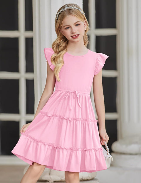 Arshiner Girl's Dress Ruffle Sleeve Tiered Dresses with Pockets 5-12 Years