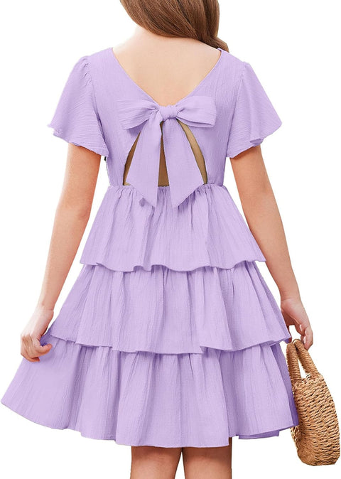 Arshiner Girls Dresses Elegant Ruffle Short Sleeve Back Tie Tiered Dresses