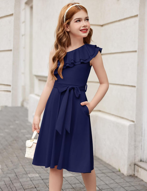 [5Y-12Y] Arshiner Girls Dress One Shoulder Formal Ruffle Trim Party Dresses