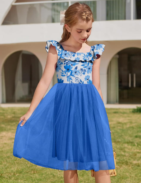 Arshiner Girls Dresses Square Neck Ruffle Sleeve Tulle Dress 6-14 Years