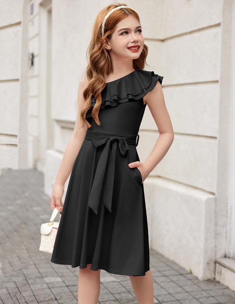 [5Y-12Y] Arshiner Girls Dress One Shoulder Formal Ruffle Trim Party Dresses