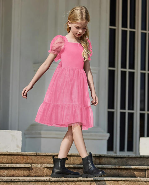 【6-16Y】Arshiner Girls Dresses Tulle Bow Tie Back Puff Sleeve Dress