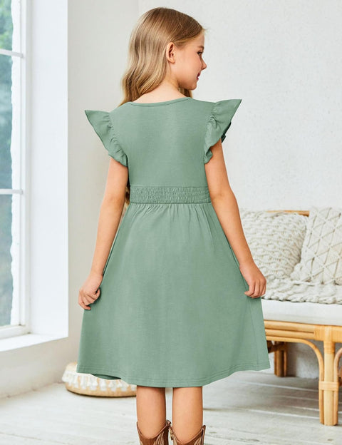 Arshiner Girls Dresses Ruffle Sleeve A-Line V-Neck Sundress
