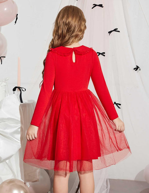 Arshiner Tutu Dress Girls Long Sleeve Peter Pan Collar Party Dresses