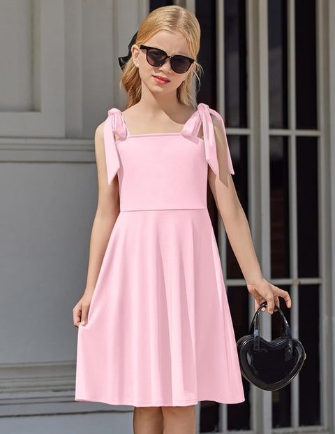 [6Y-11Y] Arshiner Girls Dress Tie Strap Solid Color Party Dresses