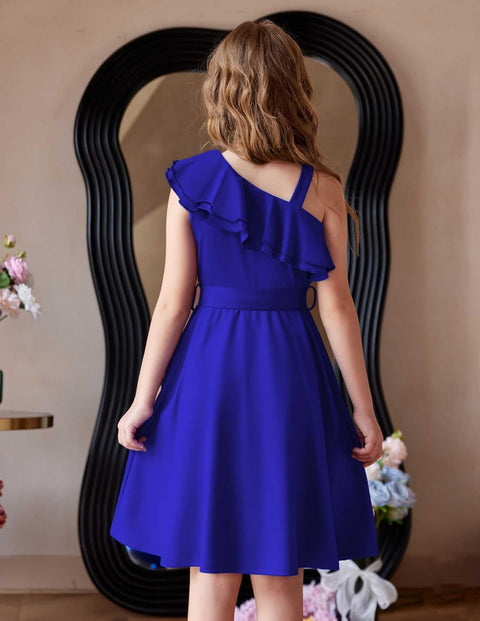 [5Y-12Y] Arshiner Girls Dress One Shoulder Formal Ruffle Trim Party Dresses