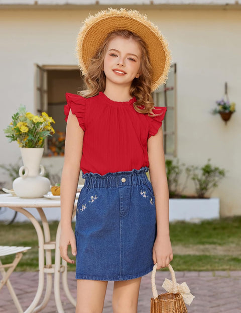 Arshiner Girls Ruffle Short Sleeve Shirts Frill Neck Pleated Blouse Tops