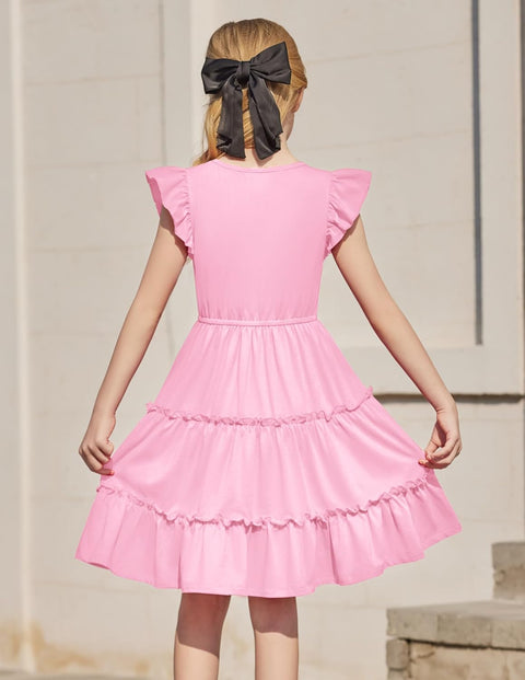 Arshiner Girl's Dress Ruffle Sleeve Tiered Dresses with Pockets 5-12 Years