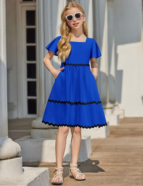 Arshiner Girls Dress Flutter RIC Rac Tiered Short Sleeve Dresses with Pockets
