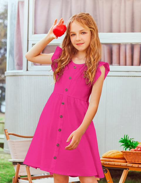Arshiner Girls Dress Flutter Sleeve A-Line Button Down Sundress