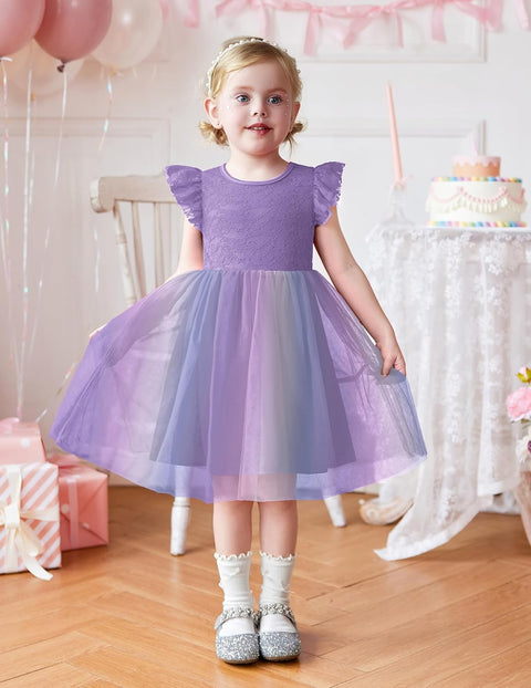 【2-8Y】Arshiner Toddler Lace Tutu Dresses Ruffle Sleeve 3 Layers Tulle Flower Dress