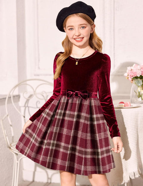 Arshiner Girls Dresses Velvet Plaid Patchwork Party Dress
