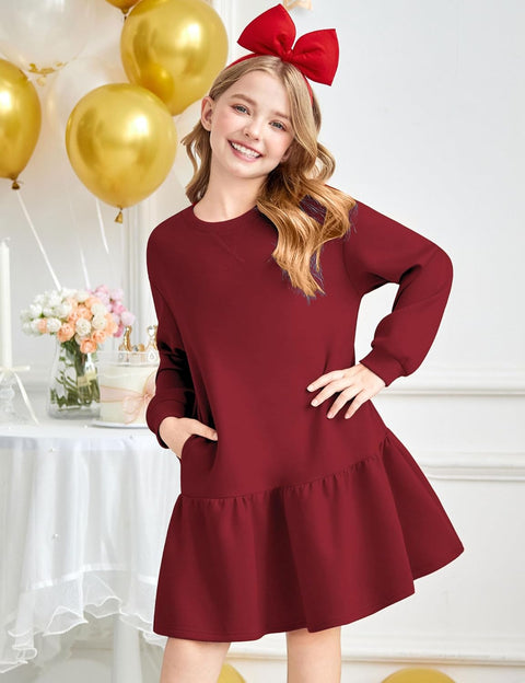 Arshiner Girls Dresses Long Sleeve Pullover Drop Shoulder Dress