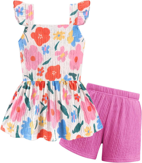 Arshiner Toddler Girl Clothes 2 Piece Summer Outfit Ruffle Sleeveless Top and Shorts Set with Pockets 2-7Y