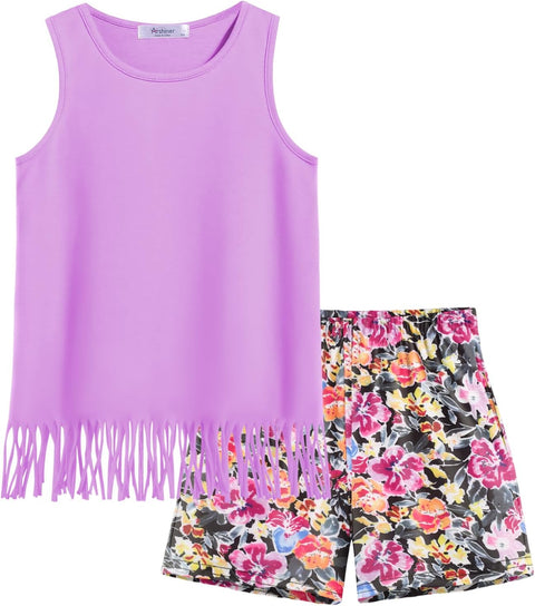 Arshiner Girls Summer Outfits Sleeveless Fringe Tank Top and Elastic Waist Pocketed Shorts Set Girl Clothes 6-14 Years
