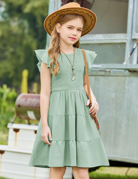 Arshiner Girls Dress Ruffle Sleeve Smocked Tiered Sundress