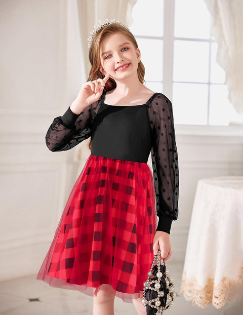 Arshiner Girl Tulle Dress Puff Long Sleeve Teen Girls Party Casual Dresses