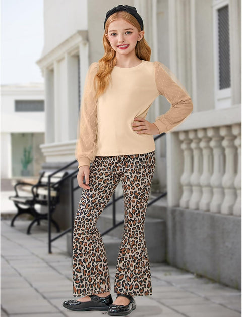 Arshiner Girls 2 Piece Outfits Knit Tulle Puff Top and Flare Pants Set