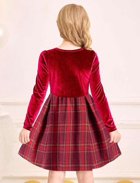 Arshiner Girls Dresses Velvet Plaid Patchwork Party Dress