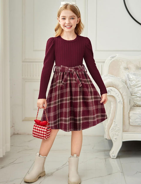 Arshiner Girls Dresses Puff Long Sleeve Rib Knit Plaid Belted Dress