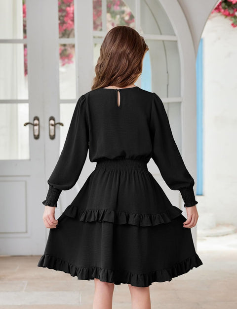 Arshiner Girls Long Sleeve Dress Boho Tiered Ruffle Hem Smocked Waist Midi Dress