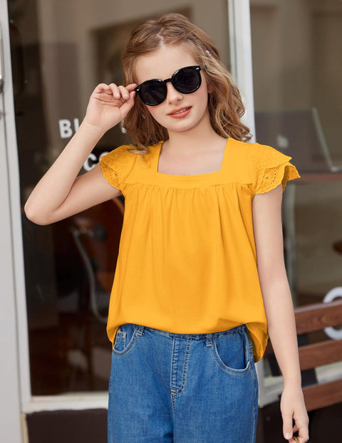 Arshiner Girls Shirts Short Sleeve Square Neck Lace Pleated Tops Blouse Tunic