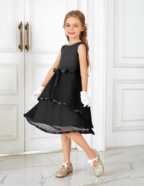 Arshiner Girls Dress Formal Party Fluffy Tulle Sleeveless Belted Dresses 3-11Y