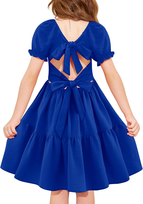 Arshiner Girls Dress Tie Back Short Sleeve Square Neck Tiered Midi Dresses