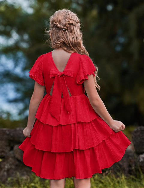 Arshiner Girls Dresses Elegant Ruffle Short Sleeve Back Tie Tiered Dresses