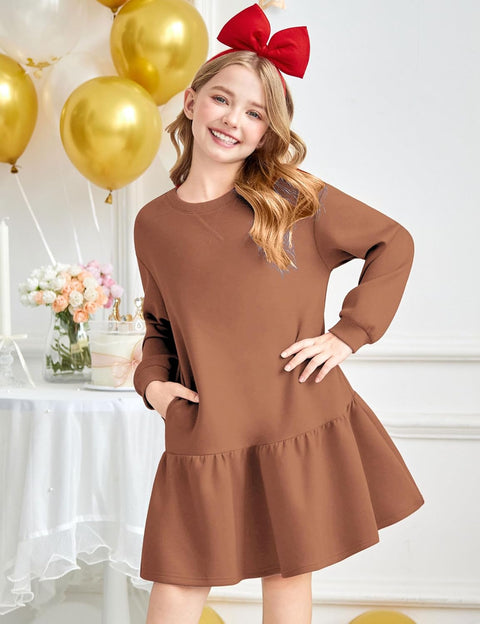 Arshiner Girls Dresses Long Sleeve Pullover Drop Shoulder Dress