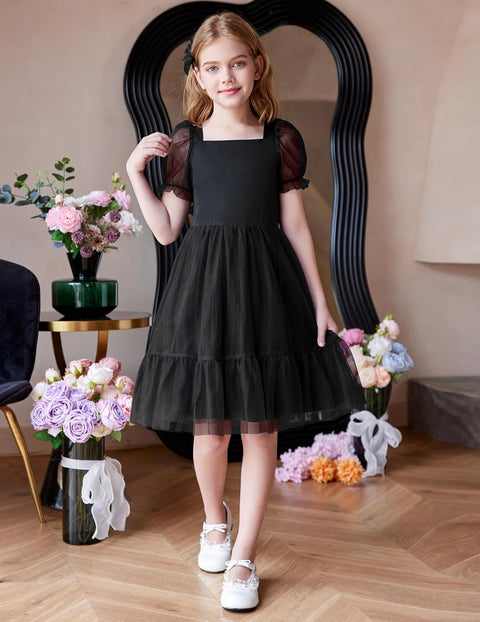 【6-16Y】Arshiner Girls Dresses Tulle Bow Tie Back Puff Sleeve Dress