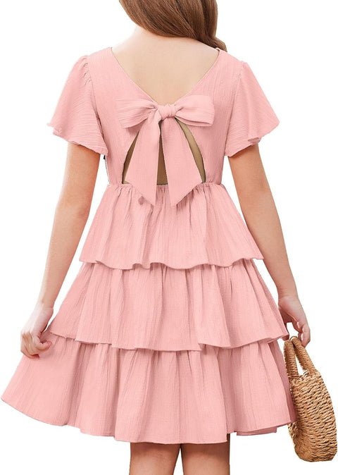 Arshiner Girls Dresses Elegant Ruffle Short Sleeve Back Tie Tiered Dresses