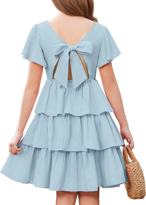 Arshiner Girls Dresses Elegant Ruffle Short Sleeve Back Tie Tiered Dresses