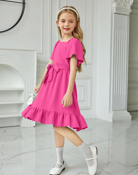 Arshiner Girls Dresses Kids Square Neck Ruffle Hem Belted Dress